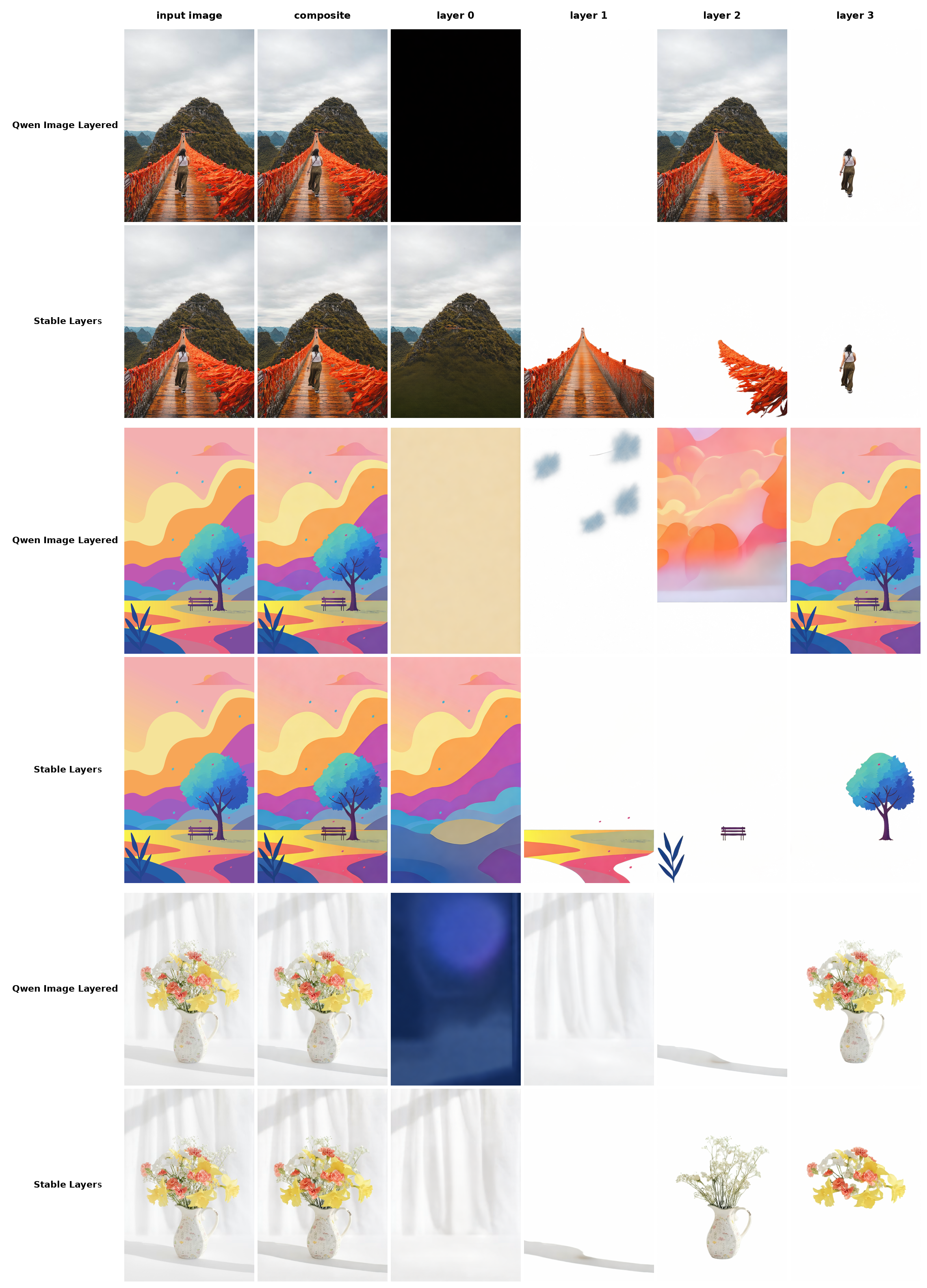 Qualitative comparison: Qwen-Image-Layered vs Stable-Layers across held-out images.